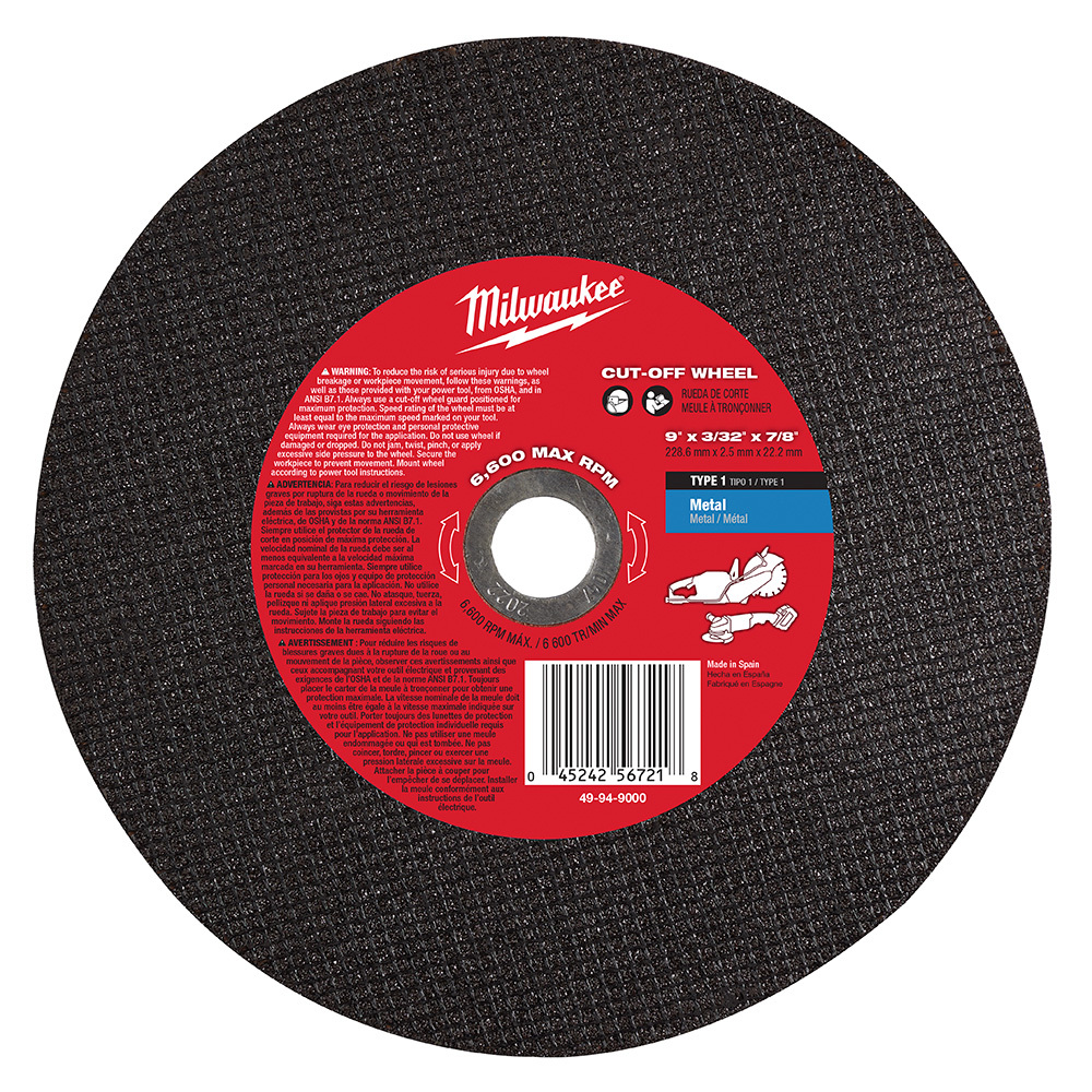 49-94-9000 Cut-Off Wheel, 9 in Dia x 3/32 in THK, 7/8 in Center Hole, A60 Grit, Metal Abrasive