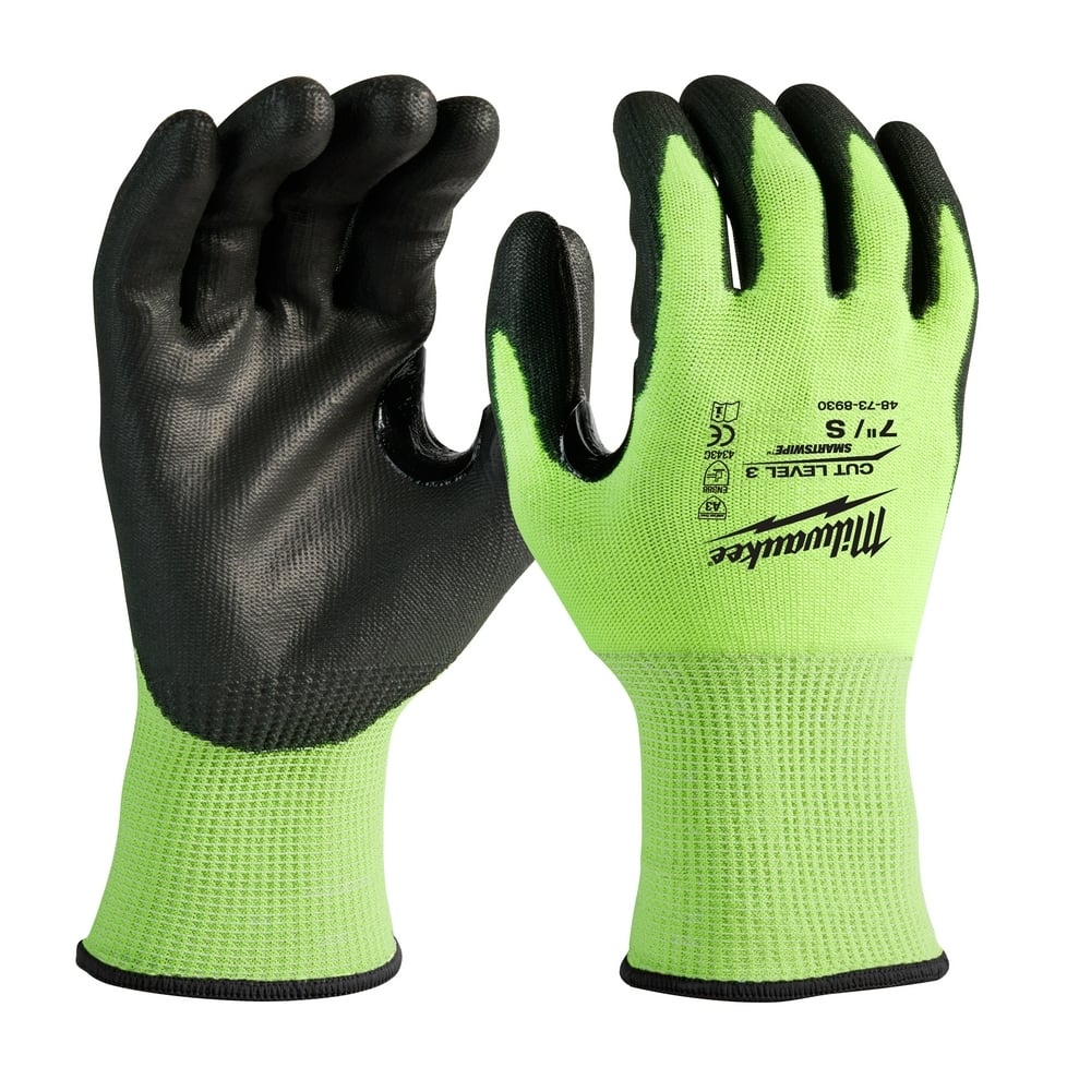 48-73-8930 High Visibility Cut-Resistant Gloves, S, Nitrile Coating, Polyurethane, Knit Wrist Cuff, Resists: Abrasion, Cut, Puncture and Tear, ANSI Cut-Resistance Level: A3, ANSI Puncture-Resistance Level: A2