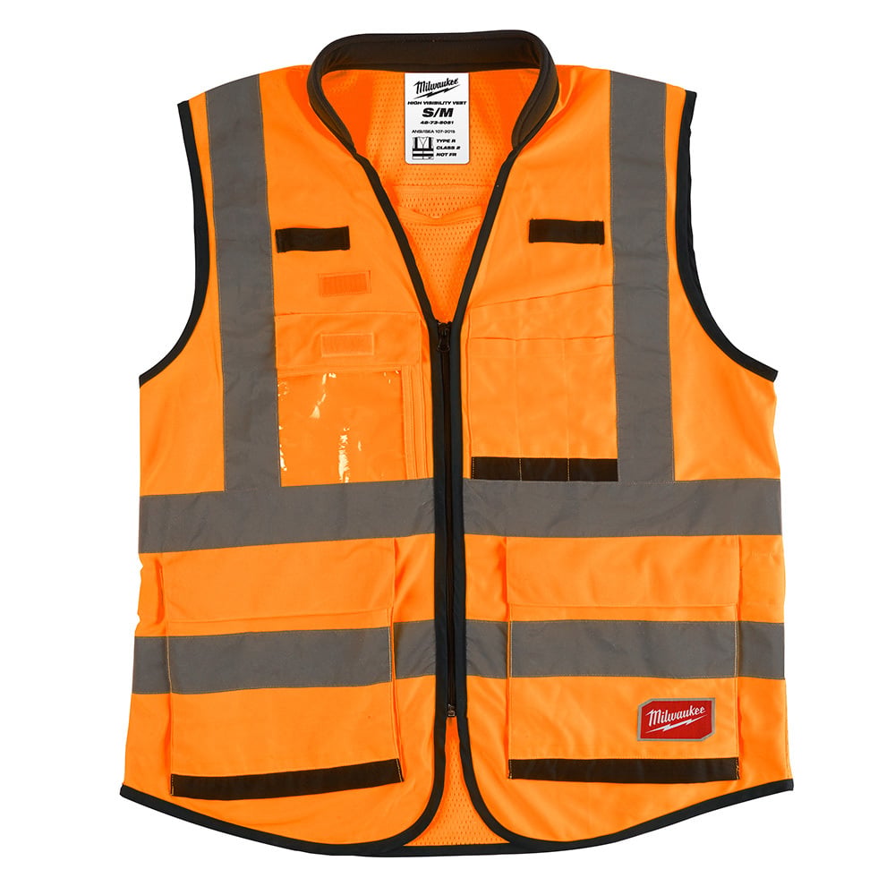 48-73-5051 Performance Safety Vest, S/M, Hi-Viz Orange, Polyester, Hook and Loop/Zipper Closure, 15 Pockets, ANSI Class: Class 2, ANSI/ISEA 107-15 Type R