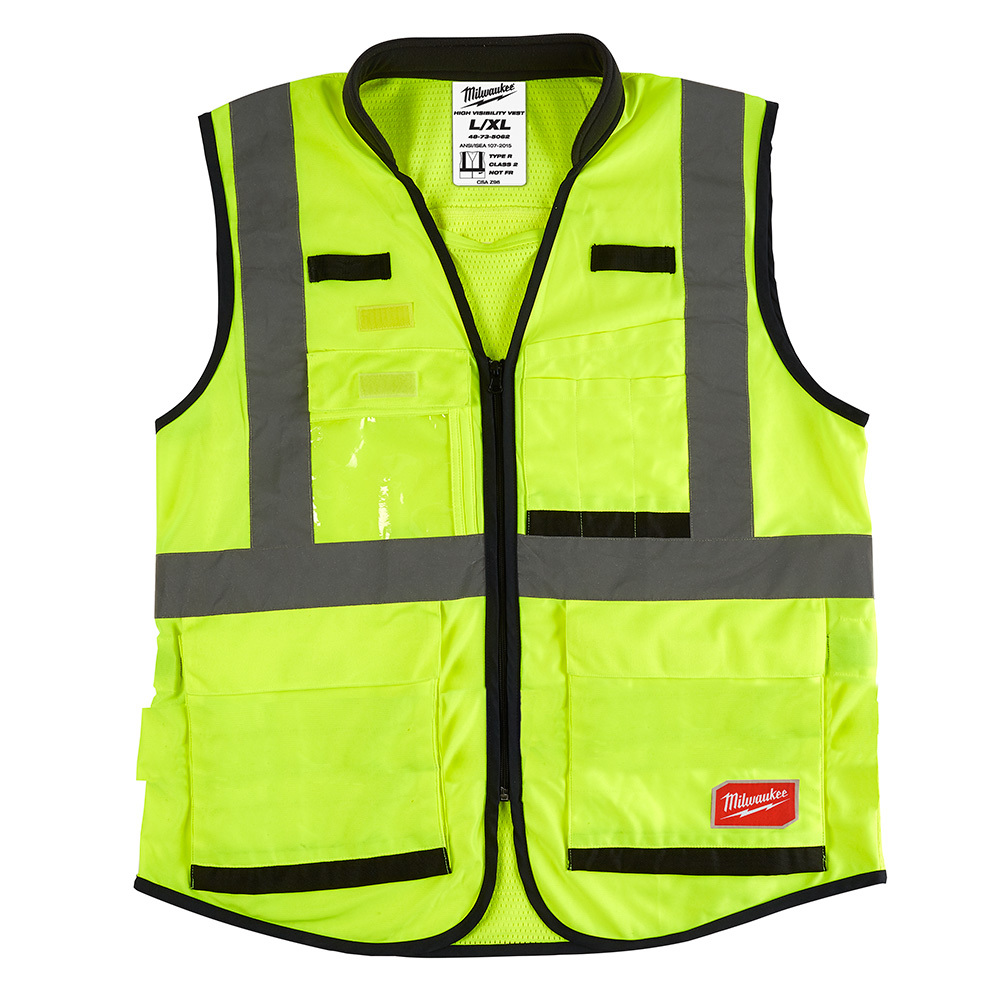 48-73-5083 Performance Safety Vest, 2XL/3XL, Hi-Viz Yellow, Polyester, Hook and Loop/Zipper Closure, 15 Pockets, ANSI Class: Class 2, ANSI/ISEA 107-15 Type R