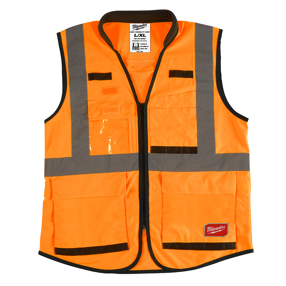 48-73-5092 Performance Safety Vest, L/XL, Hi-Viz Orange, Polyester, Hook and Loop/Zipper Closure, 15 Pockets, ANSI Class: Class 2, ANSI/ISEA 107-15 Type R