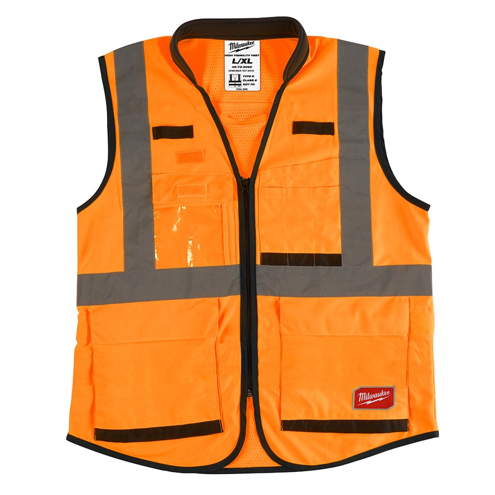 48-73-5093 Performance Safety Vest, 2XL/3XL, Hi-Viz Orange, Polyester, Hook and Loop/Zipper Closure, 15 Pockets, ANSI Class: Class 2, ANSI/ISEA 107-15 Type R