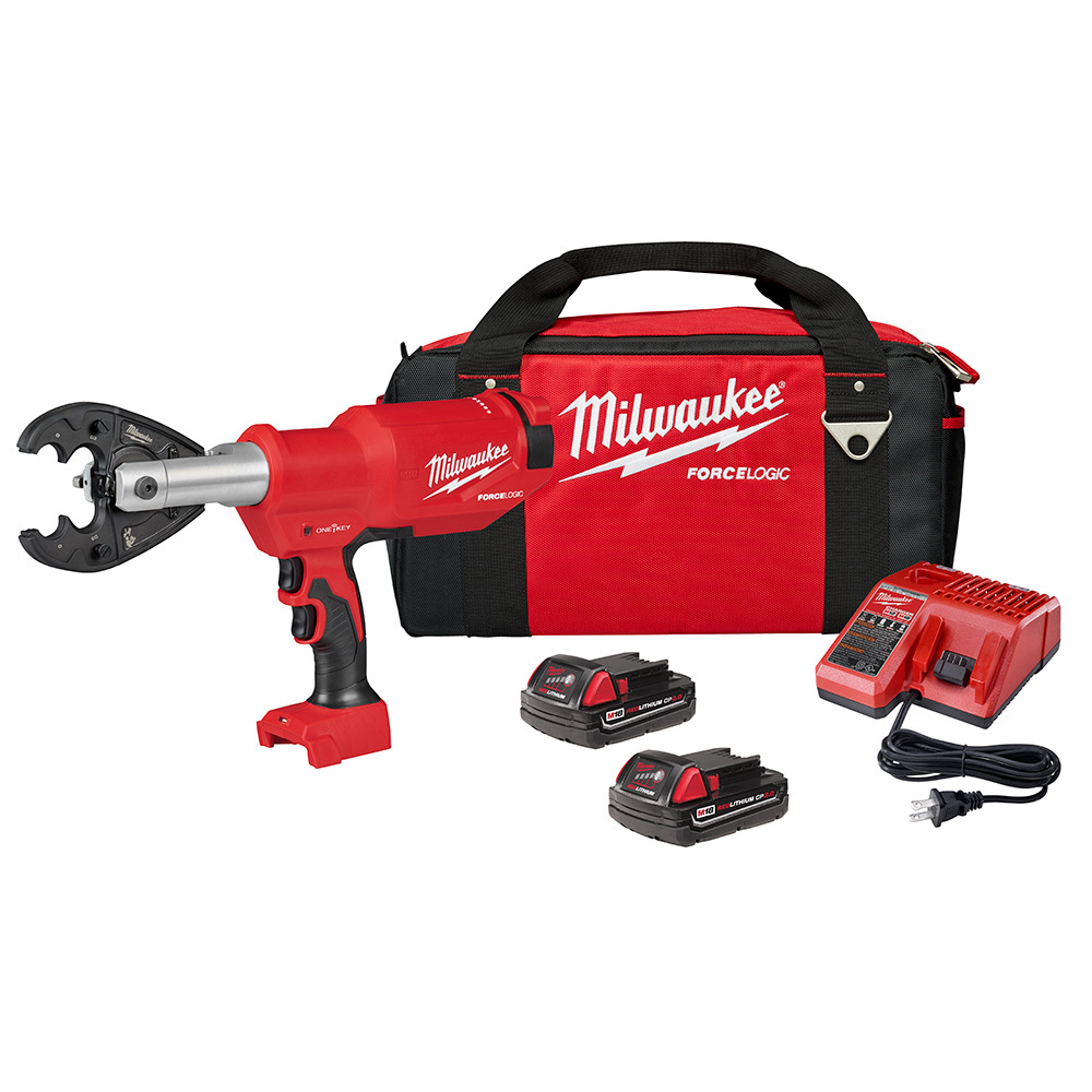 2977-22O M18 Force Logic Cordless Utility Crimper Kit, 750 kcmil Copper, 1000 kcmil Aluminum, 477 ACSR, 1/2 in EHS Guy Wire, 3/8 in Rebar and Ground Rod Crimping, 6 ton Crimping, 18 V DC, Li-Ion Battery, 17-1/4 in OAL