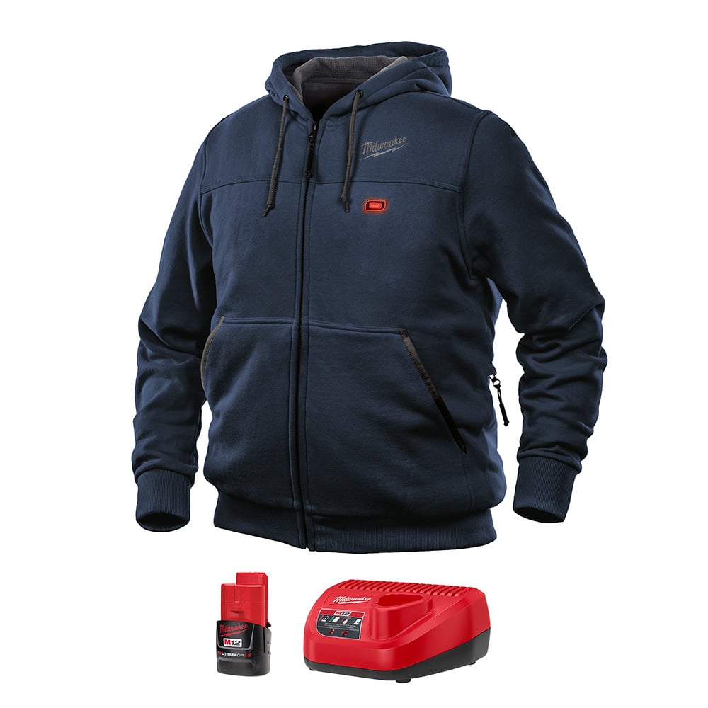 302BL-21XL M12 Cordless Insulated Heated Hoodie Kit, XL, Navy Blue, Cotton/Brushed Tricot/Toughshell Stretch Polyester/Waffle Weave Thermal Lining, 44 to 46 in Chest, Resists: Water and Wind