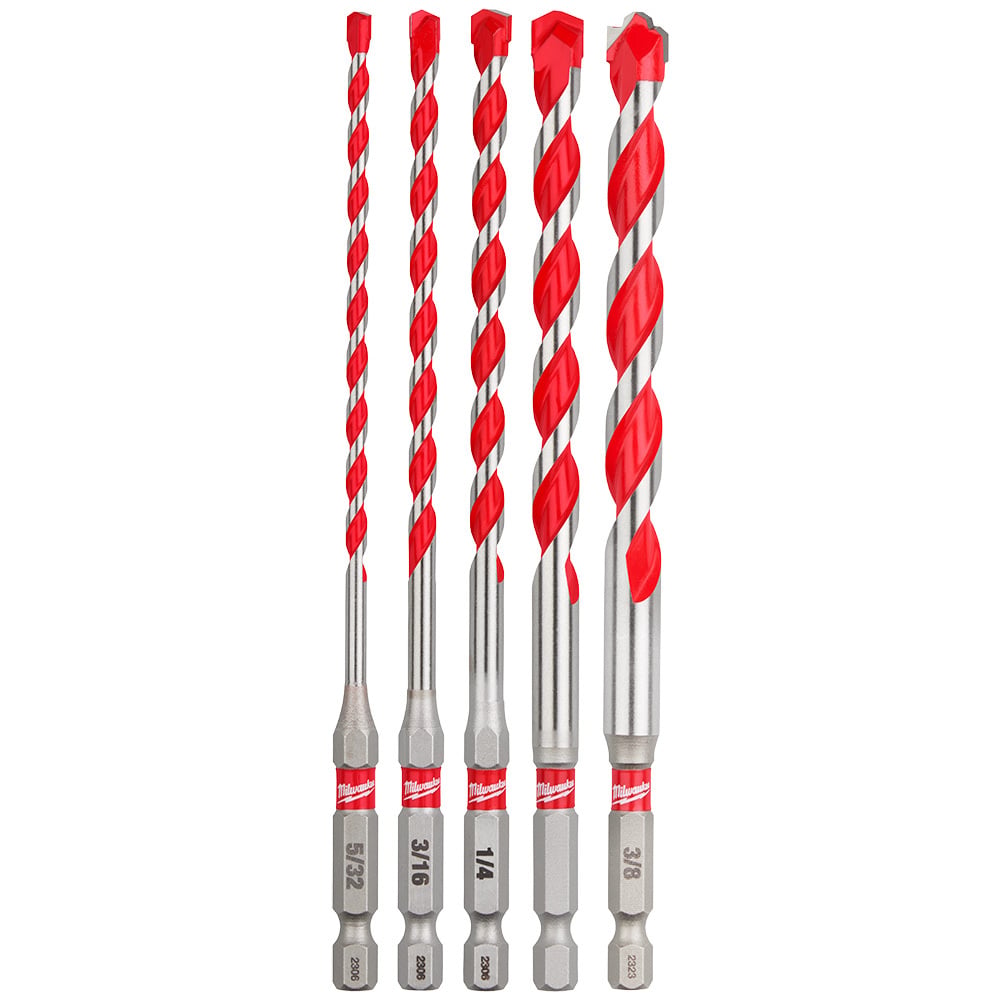 48-20-9051 SHOCKWAVE Masonry Single Ended Drill Bit Set, 5/32 in Min Drill Bit, 3/8 in Max Drill Bit, 5 Pieces, For Use With Hammer Drill Drivers, Carbide