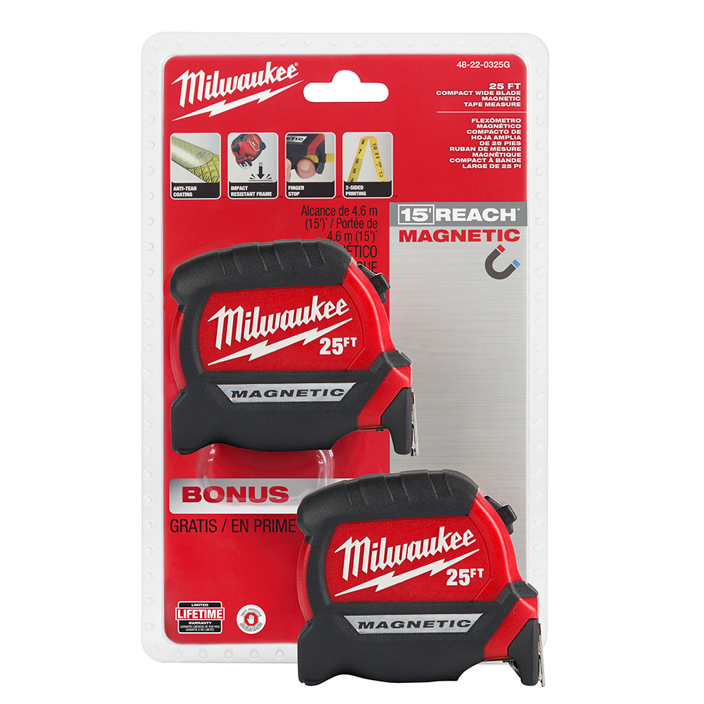 48-22-0325G Compact Wide Blade Magnetic Measuring Tape, 25 ft L, Steel Blade, 1/16 in Graduation