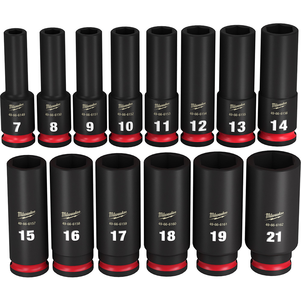 49-66-7008 Shockwave Impact Duty Deep Socket Set, ASME Specified, 6 Points, 3/8 in Drive, 14 Pieces, Hex, Included Socket Size: 7 mm, 8 mm, 9 mm, 10 mm, 11 mm, 12 mm, 13 mm, 14 mm, 15 mm, 16 mm, 17 mm, 18 mm, 19 mm and 21 mm, Case Container