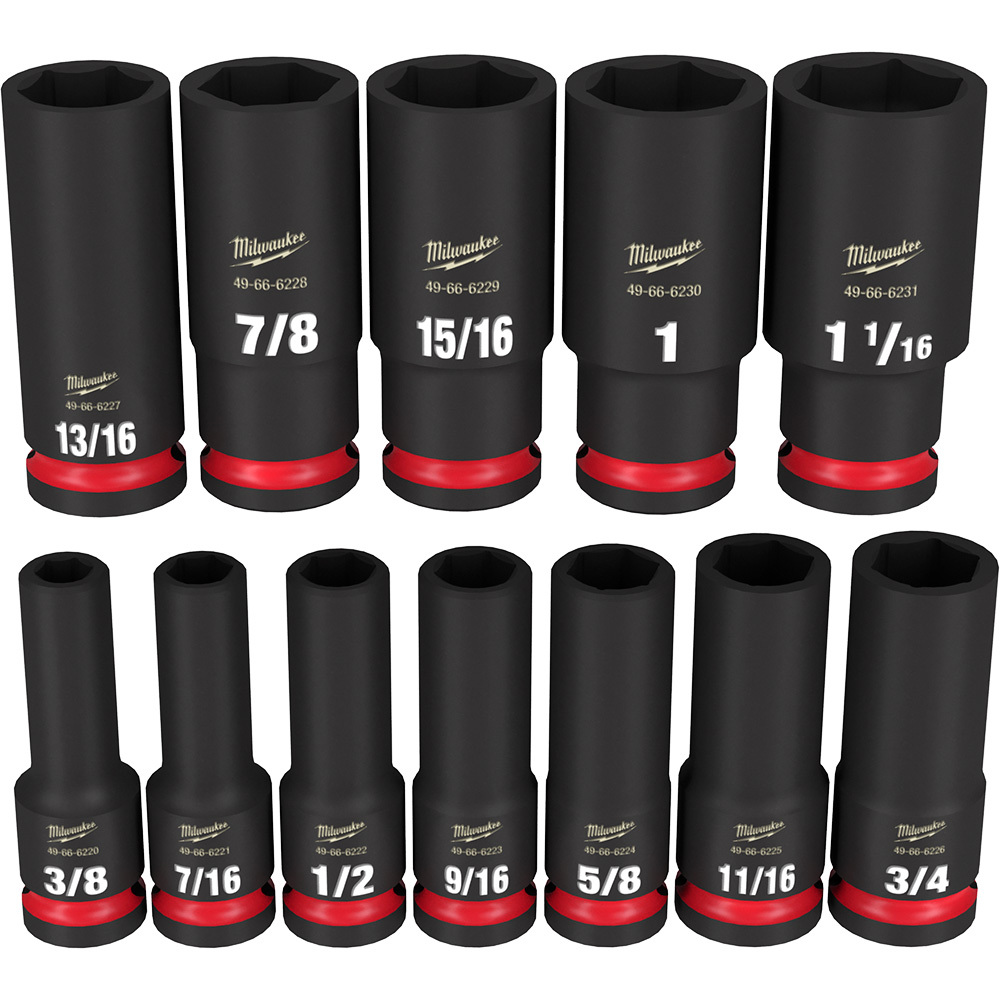 49-66-7011 Shockwave Impact Duty Deep Socket Set, ASME Specified, 6 Points, 1/2 in Drive, 12 Pieces, Hex, Included Socket Size: 3/8 in, 7/16 in, 1/2 in, 9/16 in, 5/8 in, 11/16 in, 3/4 in, 13/16 in, 7/8 in, 15/16 in, 1 in and 1-1/16 in