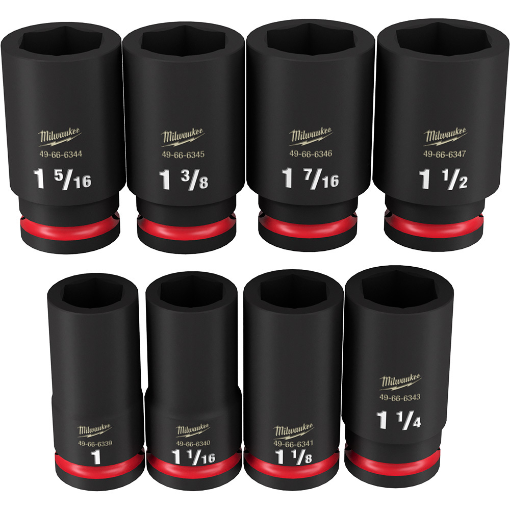 49-66-7018 Shockwave Impact Duty Deep Socket Set, ASME Specified, 6 Points, 3/4 in Drive, 8 Pieces, Hex, Included Socket Size: 1 in, 1-1/16 in, 1-1/8 in, 1-1/4 in, 1-5/16 in, 1-3/8 in, 1-7/16 in and 1-1/2 in, Case Container