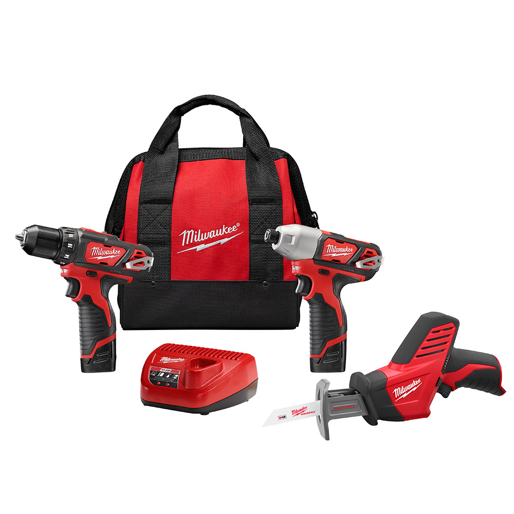 2498-23 M12 3-Tool Keyless Cordless Combination Kit, Tools: 2407-20 3/8 in Cordless Drill Driver/HACKZALL 2420-20 Reciprocating Saw/2462-20 Cordless Impact Driver, 12 V DC, 1.5 Ah Li-Ion Battery