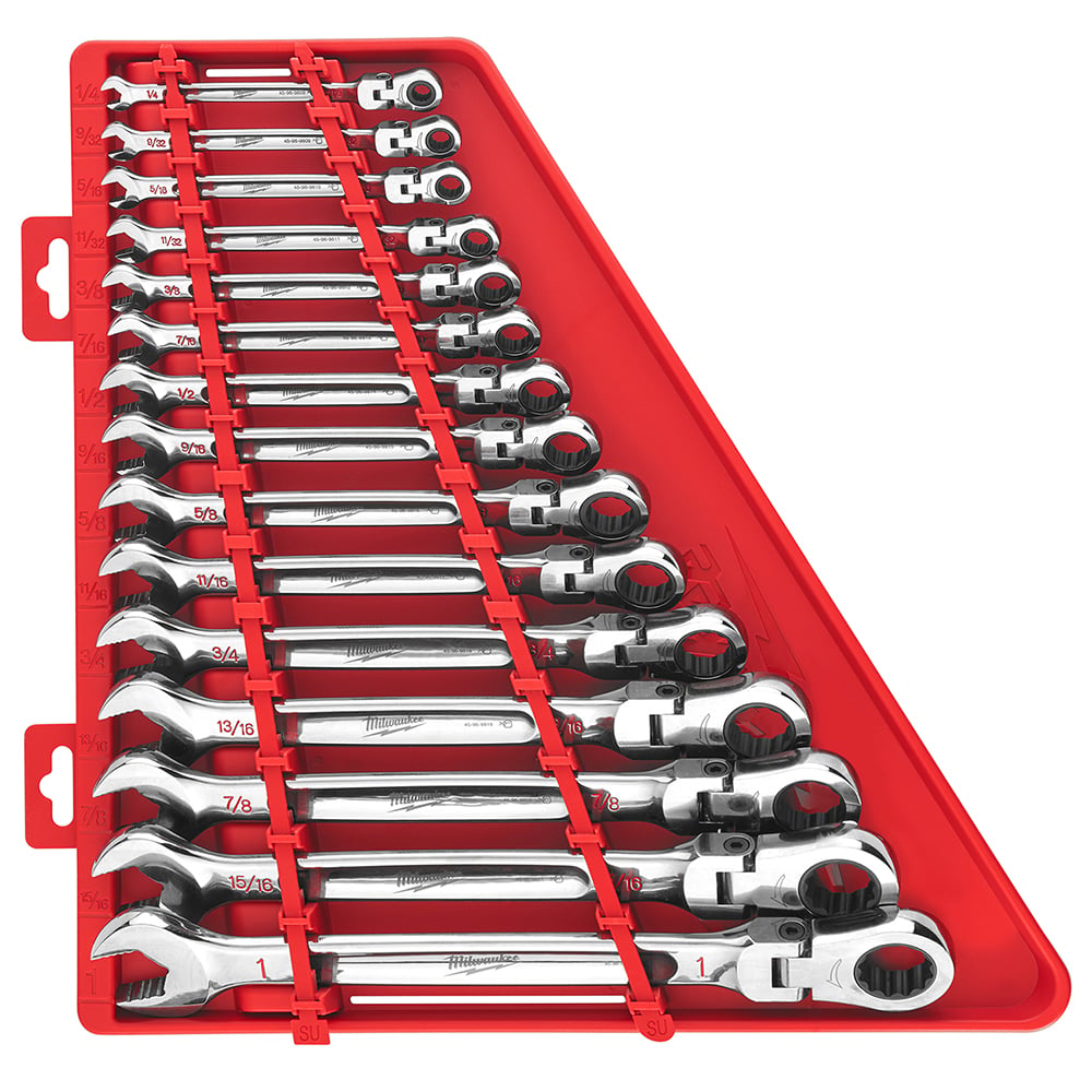 48-22-9413 Flex Head Ratcheting Non-Lockable Combination Wrench Set, 15 Pieces, 1/4 to 1 in, Polished Chrome