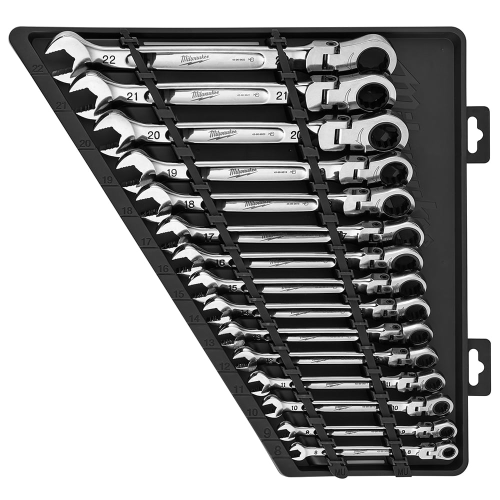 48-22-9513 Flex Head Ratcheting Non-Lockable Combination Wrench Set, 15 Pieces, 8 to 22 mm, Polished Chrome