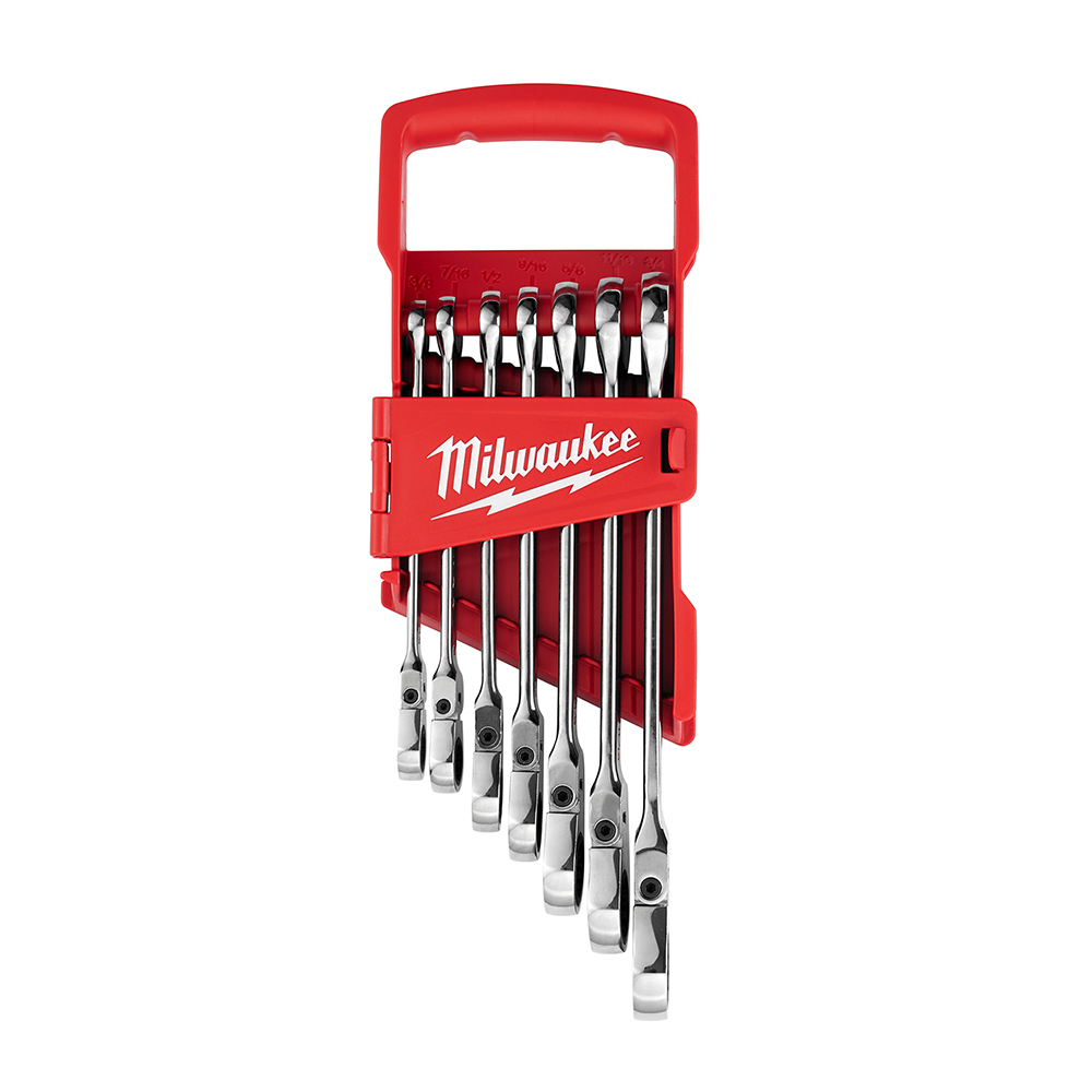 48-22-9429 Flex Head Ratcheting Non-Lockable Combination Wrench Set, 7 Pieces, 3/8 to 1 in, Polished Chrome