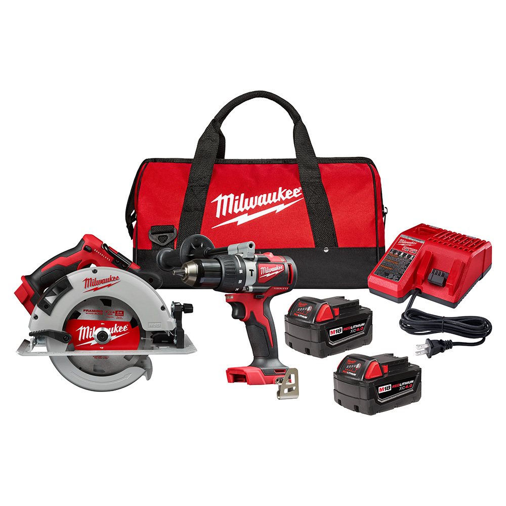 2992-22 M18 2-Tool Keyed Cordless Combination Kit, Tools: 2902-20 1/2 in Brushless Hammer Drill/2631-20 7-1/4 in Brushless Circular Saw, 18 V DC, 4 Ah Li-Ion Battery, 550 to 1800 rpm, 1/2 in Chuck, 725 in-lb Maximum Torque