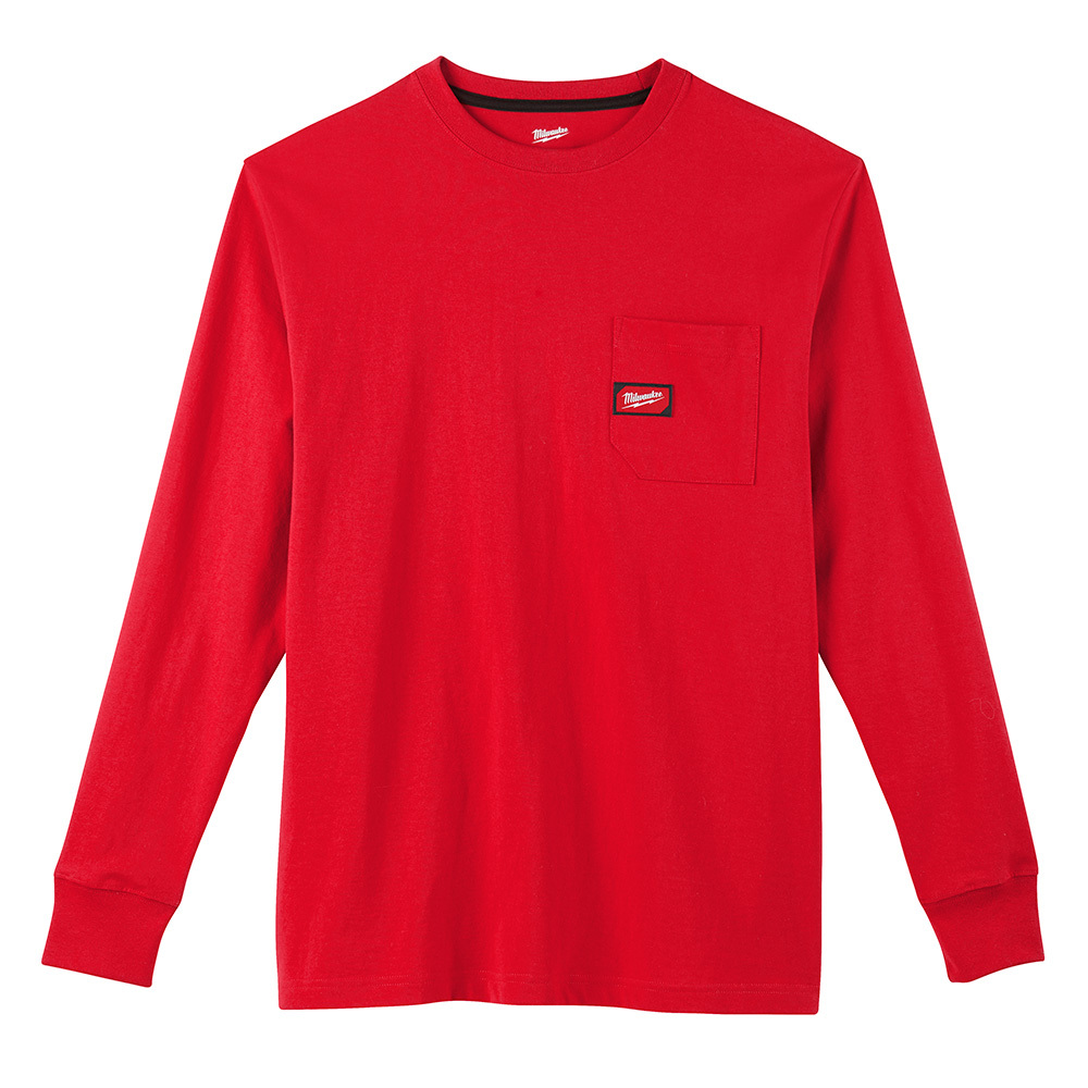 602R-XL Heavy Duty Long Sleeve Round Neck Pocket T-Shirt, Mens, XL, Red, Cotton/Polyester