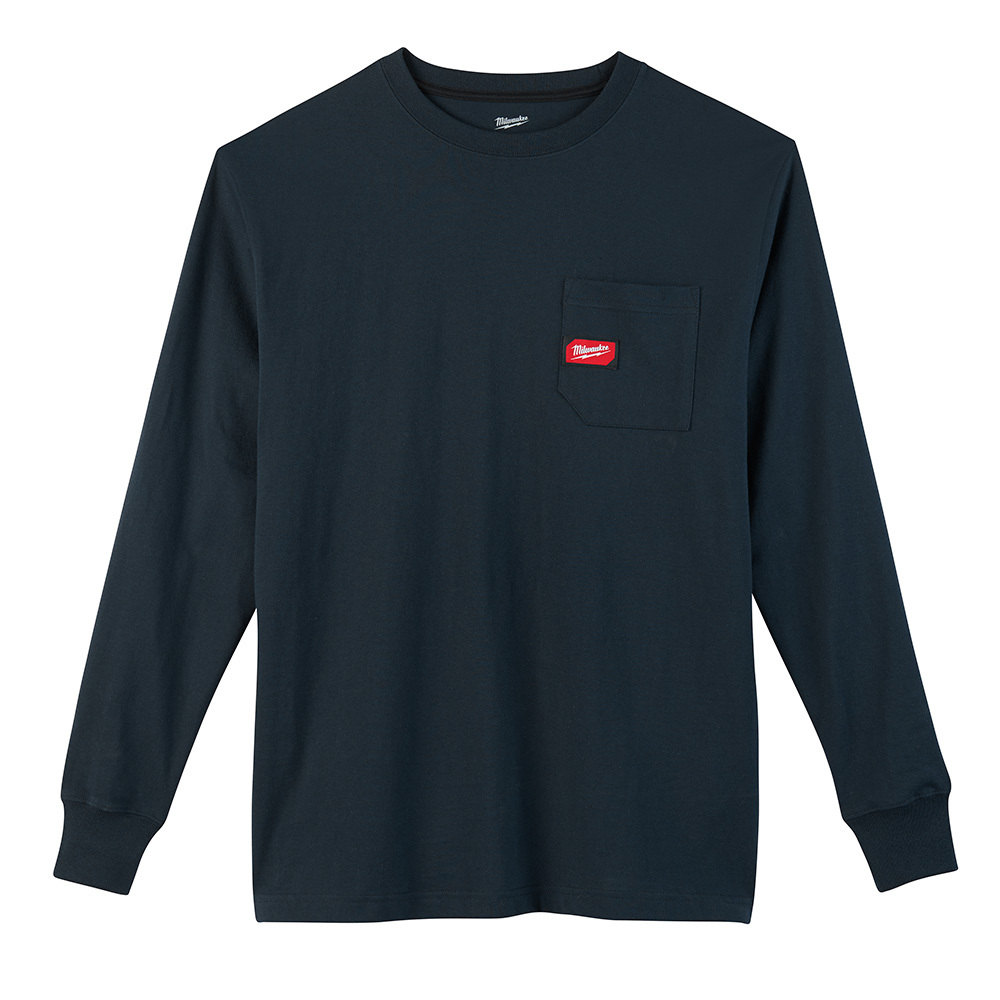 602BL-L Heavy Duty Long Sleeve Round Neck Pocket T-Shirt, Mens, L, Blue, Cotton/Polyester