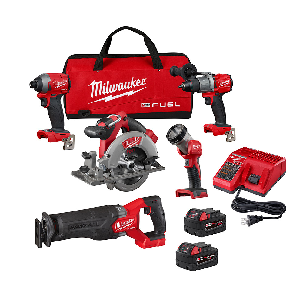 2998-25 M18 FUEL Cordless Tool Combo Kit, Tools: Hammer Drill/Driver, Impact Driver, Reciprocating Saw, Circular Saw and Work light, 18 V, 5 Ah Lithium-Ion/M18 REDLITHIUM Battery