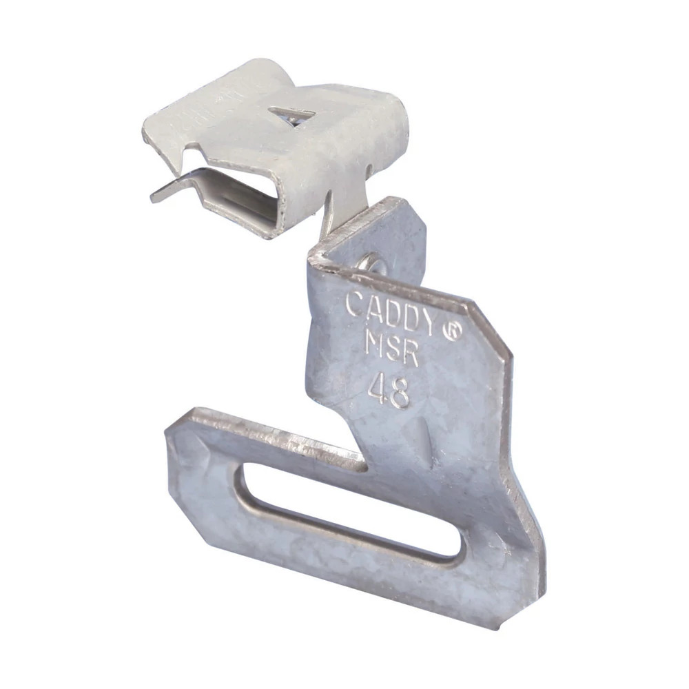 MSR24 H-MSR 90 deg Hammer-On Strap Hanger With Flange Clip, 1-1/4 in W, Spring Steel/Steel, Caddy Armor/Pre-Galvanized