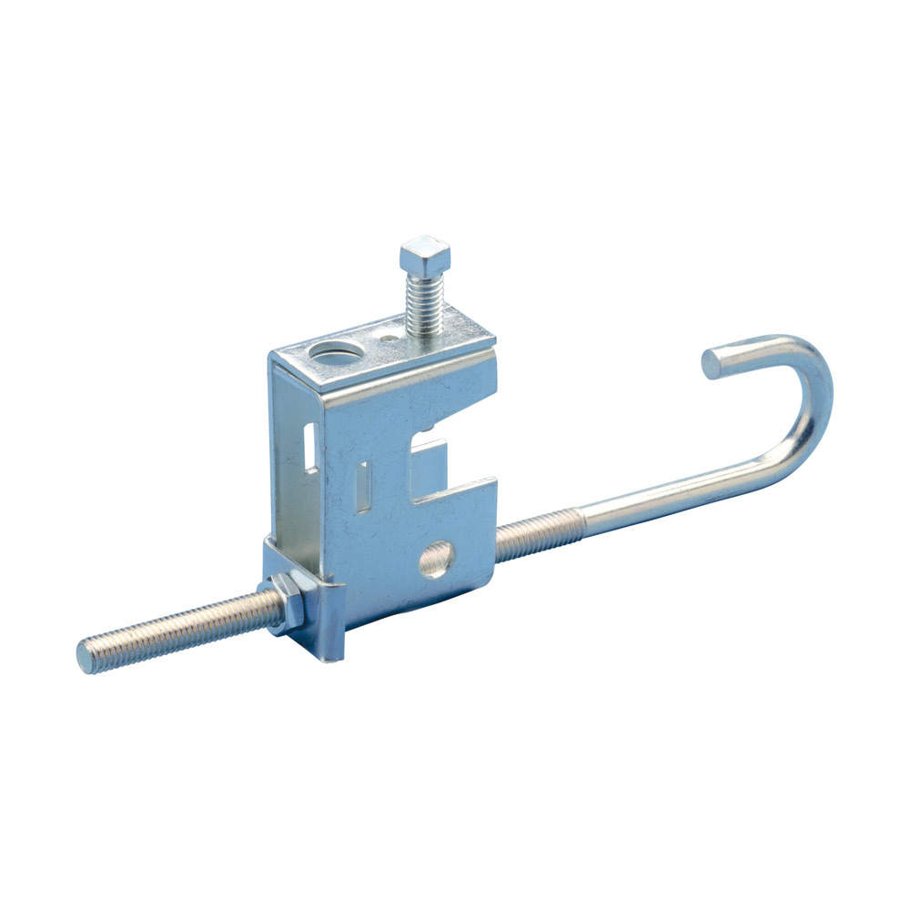 BC110000EG Multi-Function Beam Clamp With J-Bolt, 1/2 in Rod, 3/4 in THK Flange, 300/500 lb Static Load, Steel, Electro-Galvanized