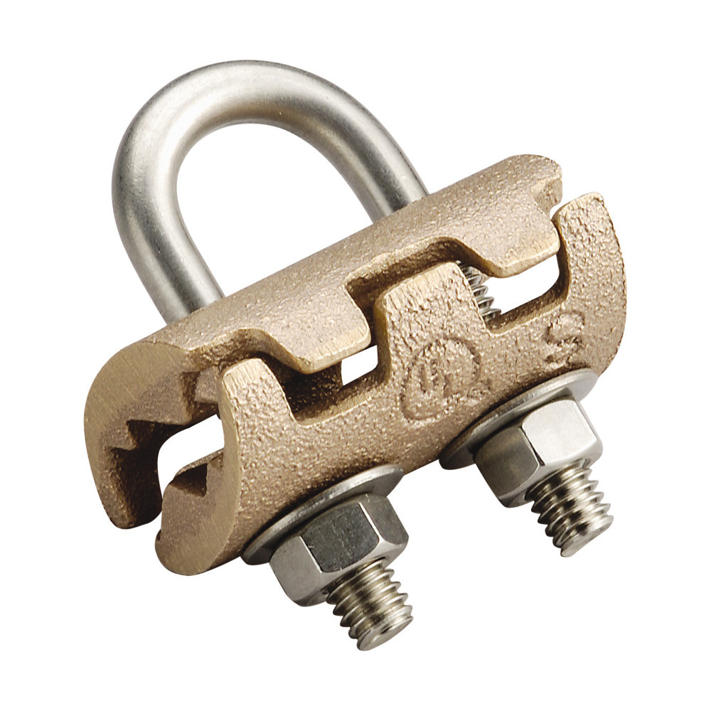 LPC795 U-Bolt Ground Rod Clamp, 1/2 to 3/4 in Rod, 4/0 AWG Conductor, Brass
