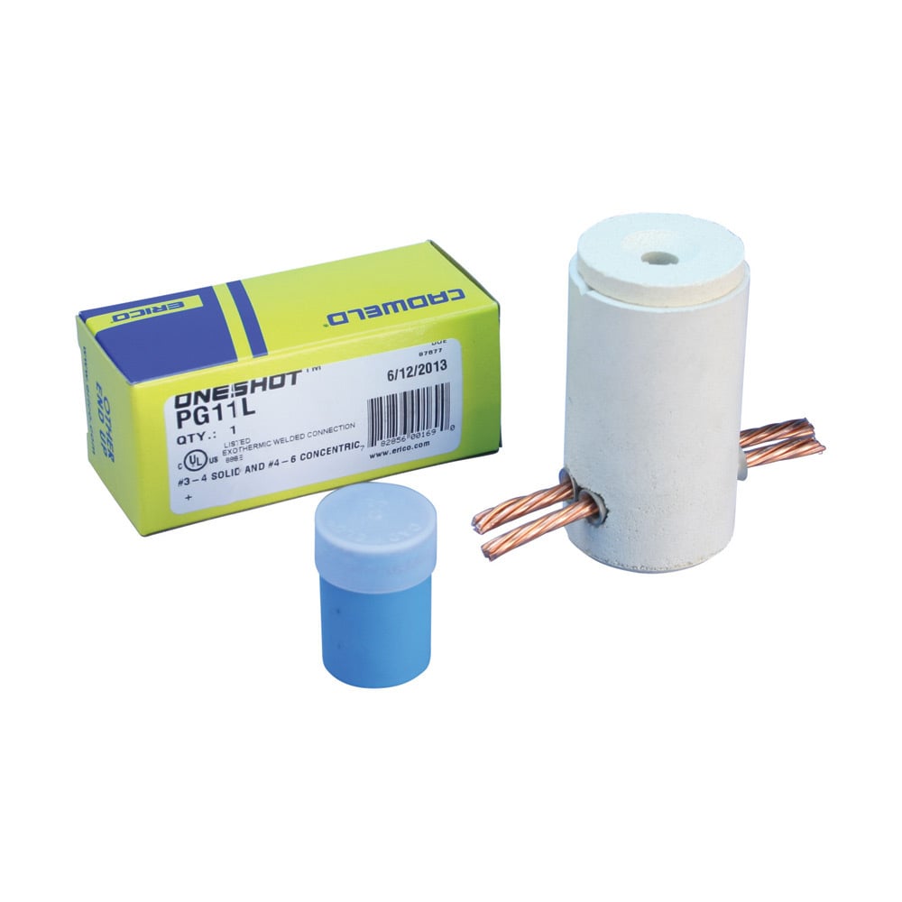 PG11V Cadweld One Shot Type PG Traditional Weld Metal Mold, 2 AWG Run, 1 AWG Solid Run, 3 AWG Run, 2 AWG Stranded Tap Conductor, Cable to Cable Connection, Graphite