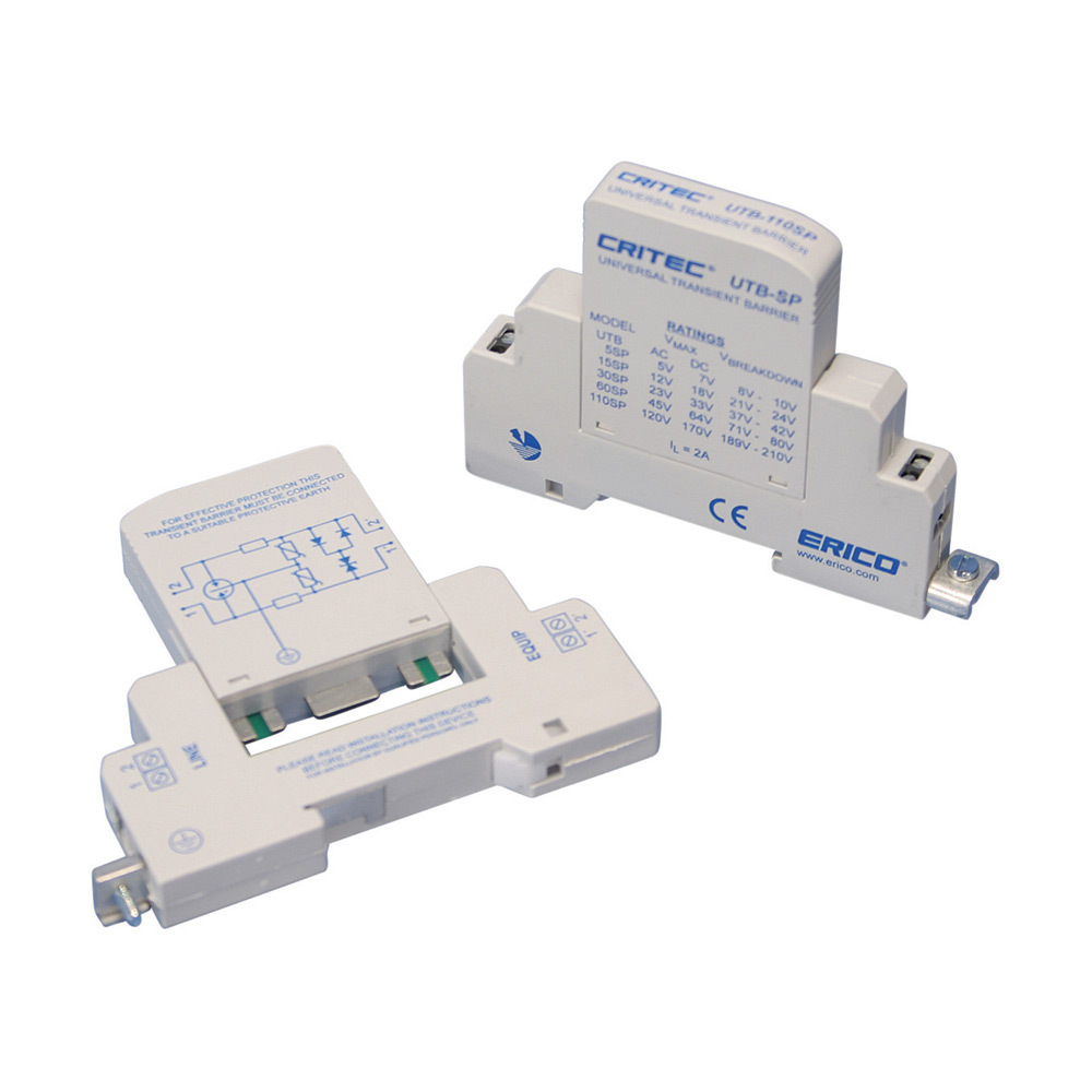 UTB30SP UTB Series Pluggable Single Pair Universal Transient Barrier, 10 to 21 V AC, 15 to 30 V DC, 2 MHz Bandwidth, Thermoplastic