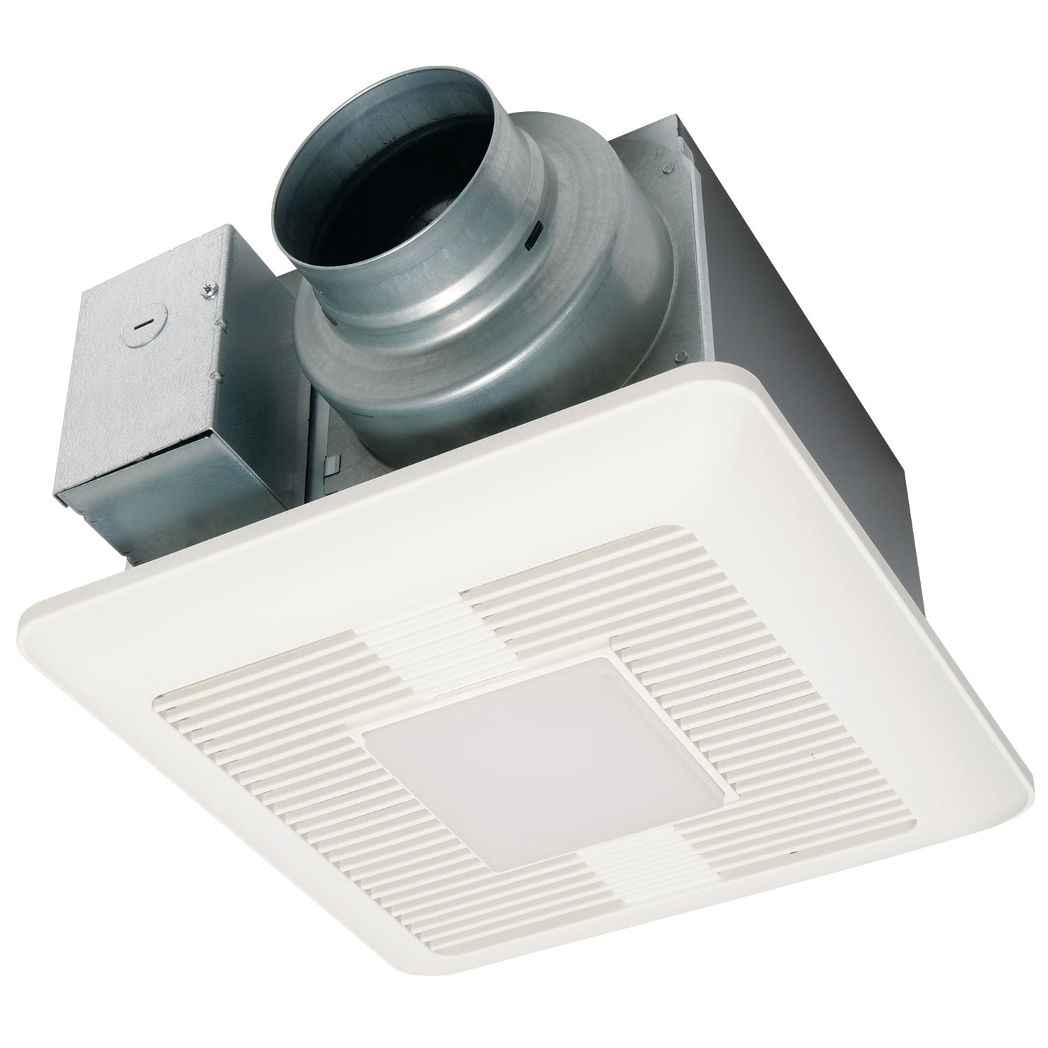 FV-0511VQL1 WhisperCeiling DC Round Duct Square Grille Ventilation Fan/Light With ECM Motor, L-Shaped Mounting Bracket, 120 V AC, Zinc Aluminum Magnesium Housing