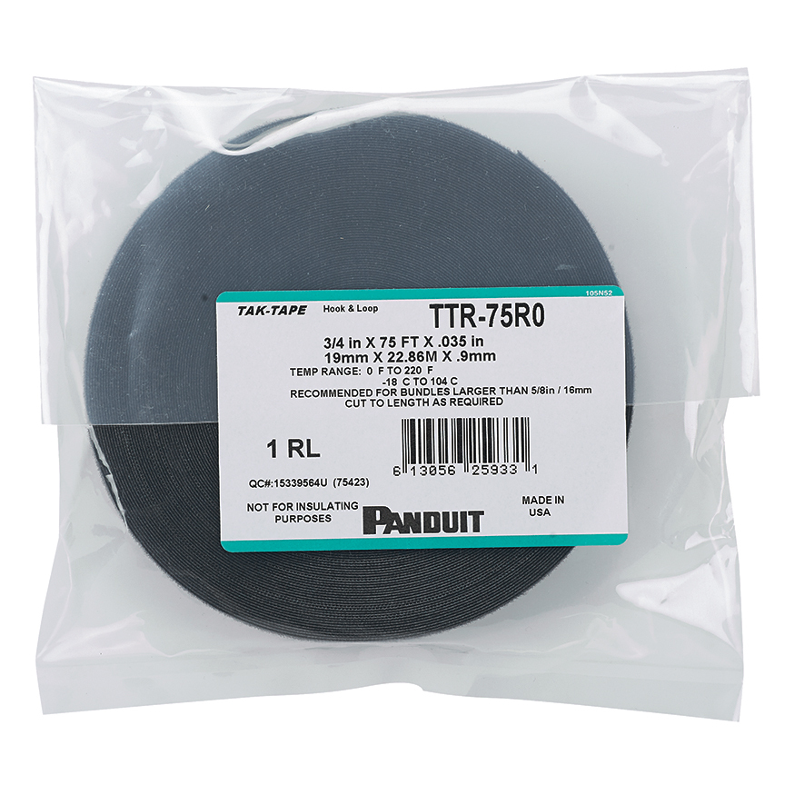 TTR-75R0 Tak-Tape Low Profile Cable Tie, 75 ft L x 3/4 in W x 0.035 in THK, Nylon/Polyethylene, Black