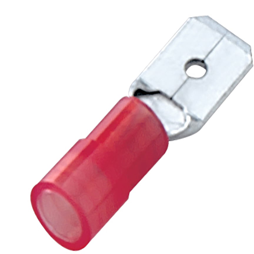 EDNF18-187MB-Q StrongHold Loose Piece Insulated Male Tab Disconnect, 22 to 16 AWG Conductor, 0.187 x 0.032 in Tab, Butted Seam/Funnel Entry Barrel, Copper, Red