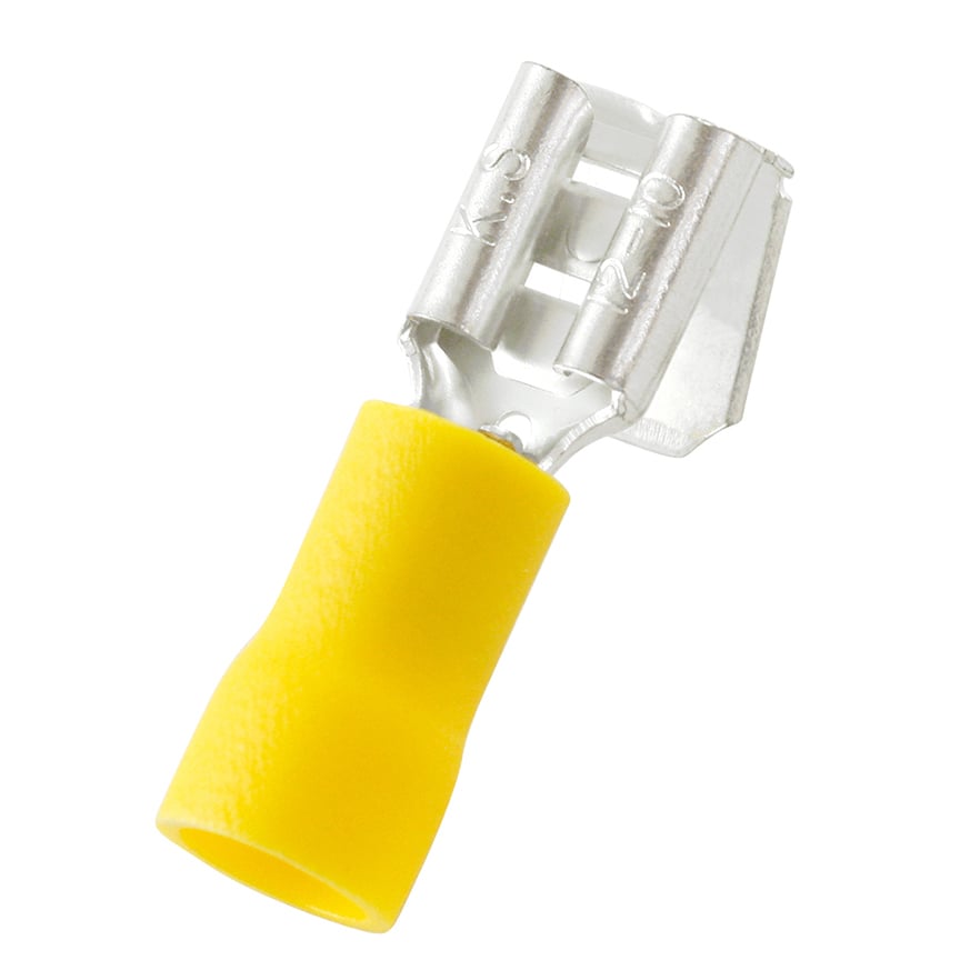 EDV10-250P-Q StrongHold Insulated Standard Piggyback Disconnect, 12 to 10 AWG Conductor, 0.25 x 0.032 in Tab, Butted Seam/Standard Barrel, Copper, Yellow