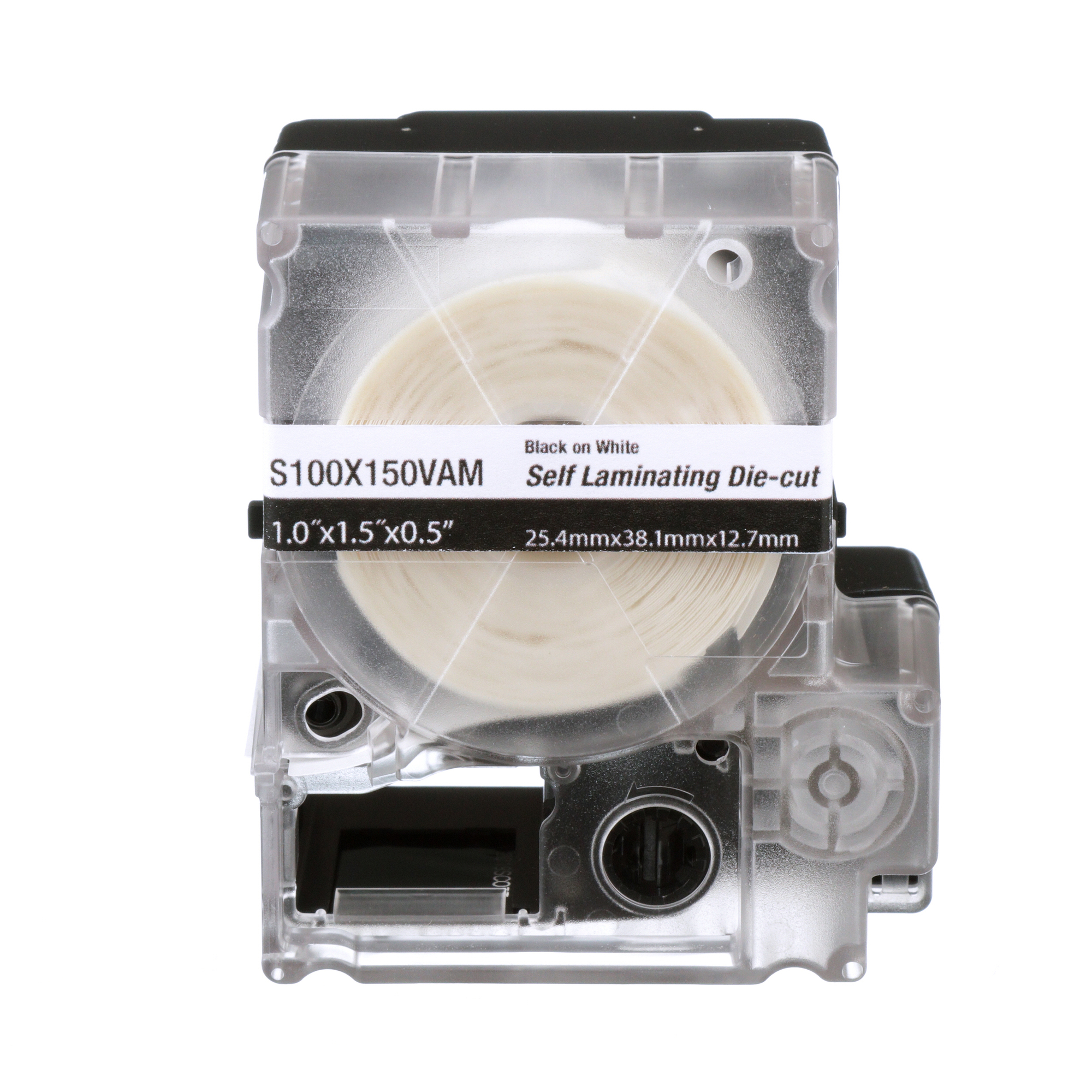 S100X150VAM Self-Laminating Label Cassette, 2.95 in L x 2.53 in W, For Use With MP100 and MP300 Mobile Printers, Vinyl, Clear/White