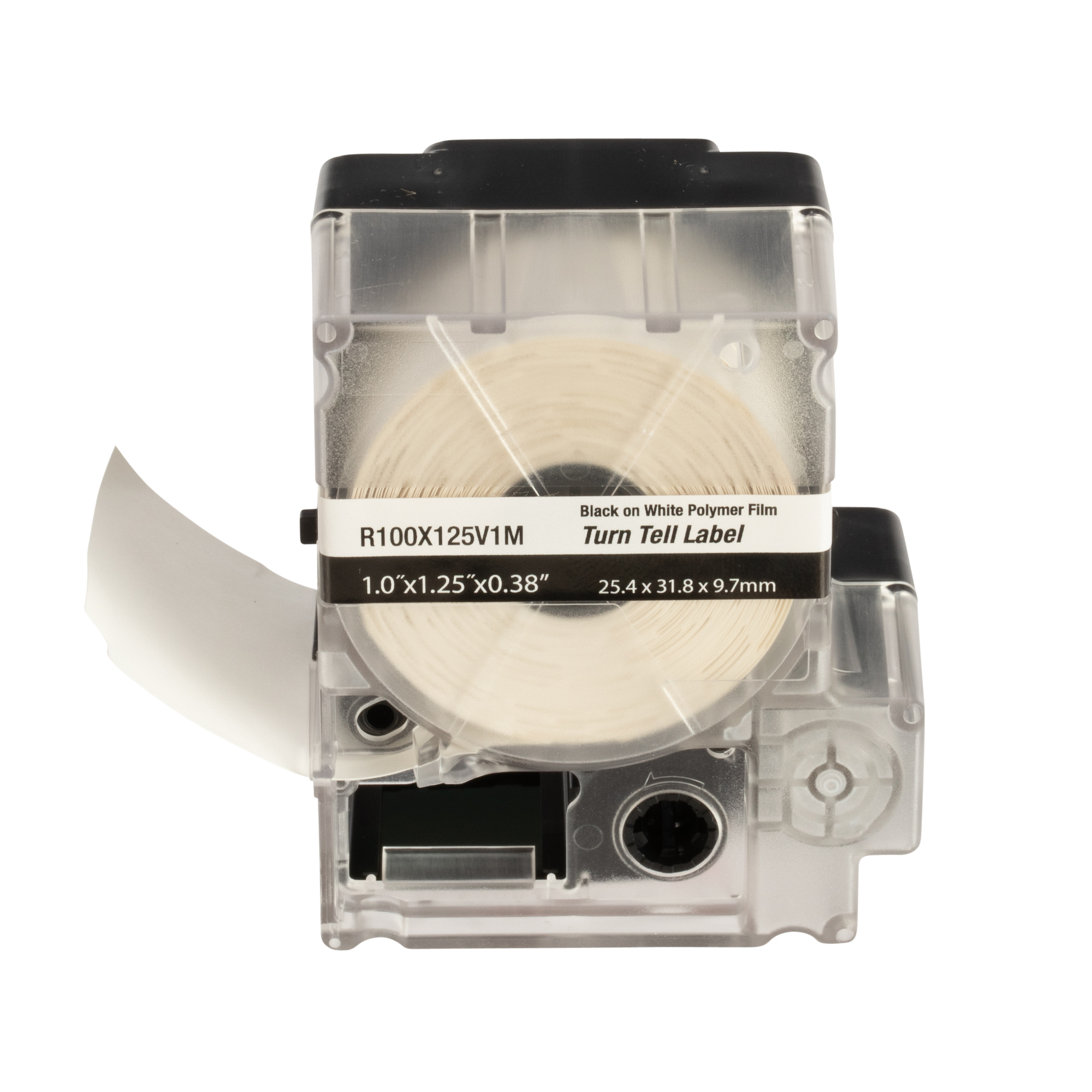 R100X125V1M Turn-Tell Self-Laminating Label Cassette, 2.95 in L x 2.53 in W, For Use With MP100 and MP300 Mobile Printers, Vinyl, Clear/White