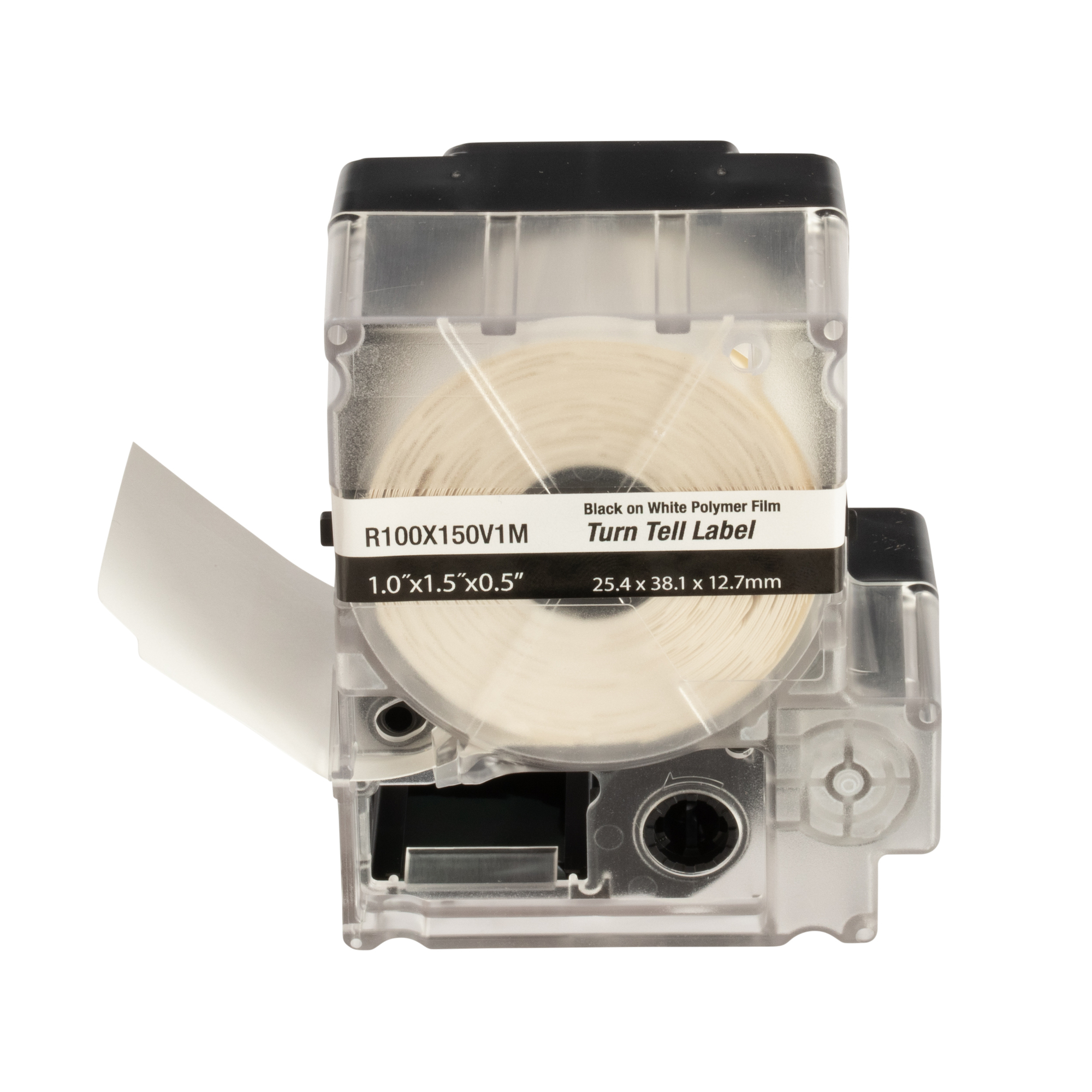 R100X150V1M Turn-Tell Self-Laminating Label Cassette, 2.95 in L x 2.53 in W, For Use With MP100 and MP300 Mobile Printers, Vinyl, Clear/White