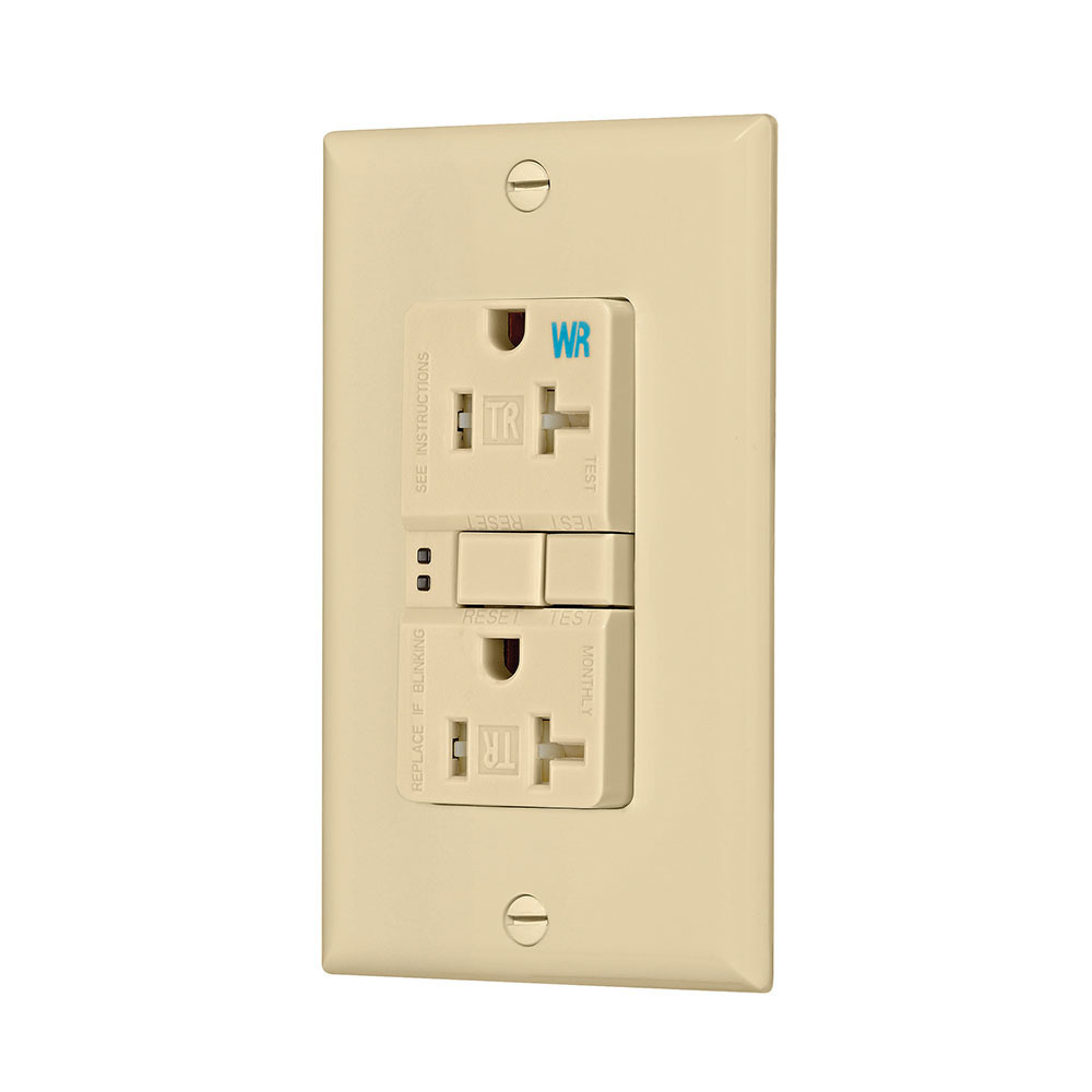 Eaton GFCI receptacle,NAFTA compliant,Weather resistant,Tamper resistant,Self-test,#14 - 10 AWG,20A,Residential,Commercial,Flush,125 V,Back and side wire,Ivory,Brass,Tamper and weather resistant,Polycarbonate,5-20R,2-pole,3-wire,grounding
