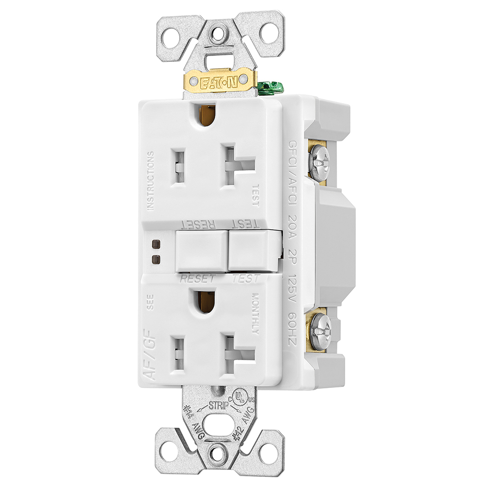 Eaton AFGF receptacle,Tamper resistant,Self-test,#14 - 10 AWG,20A,Residential,Commercial,Flush,125 V,AFGF,Back and side wire,White,Brass,Receptacle,Tamper resistant,Polycarbonate,5-20R,Two-pole, three-wire, grounding