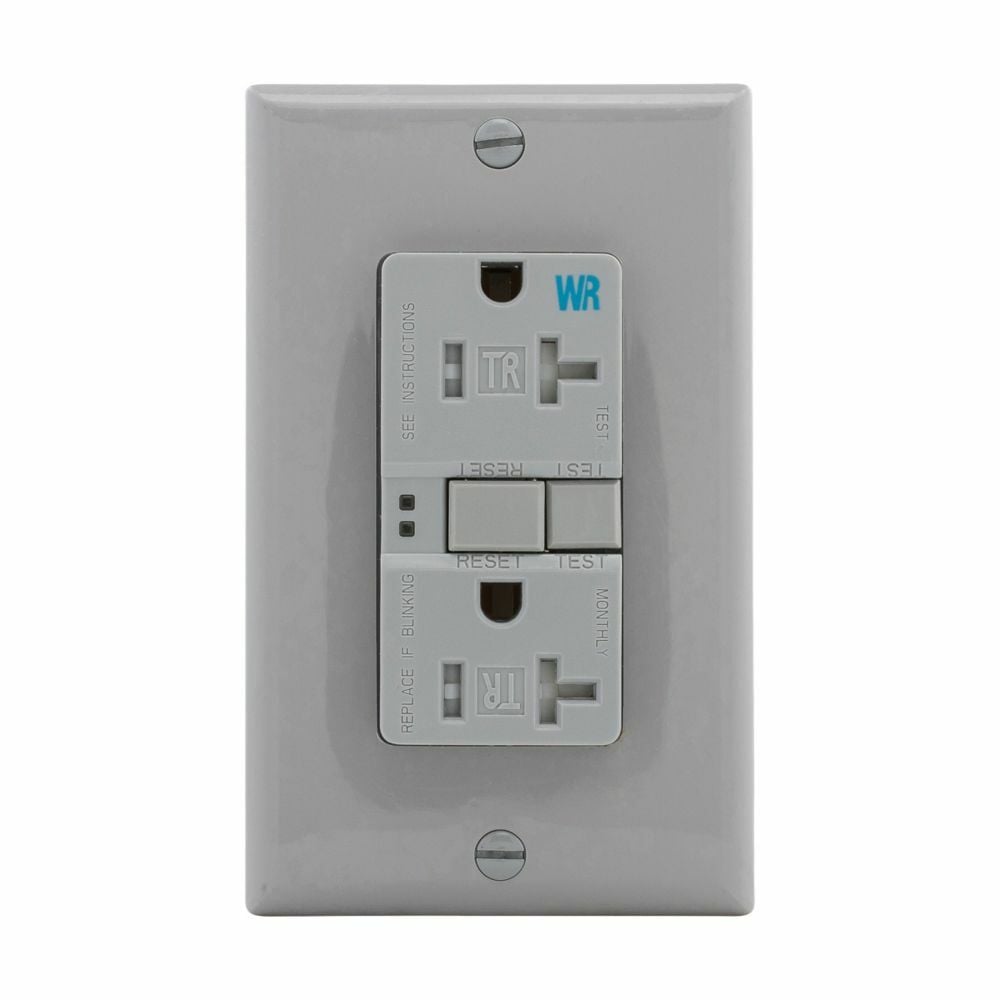 Eaton GFCI receptacle,NAFTA compliant,Weather resistant,Tamper resistant,Self-test,#14 - 10 AWG,20A,Residential,Commercial,Flush,125 V,Back and side wire,Gray,Brass,Tamper and weather resistant,Polycarbonate,5-20R,2-pole,3-wire,grounding