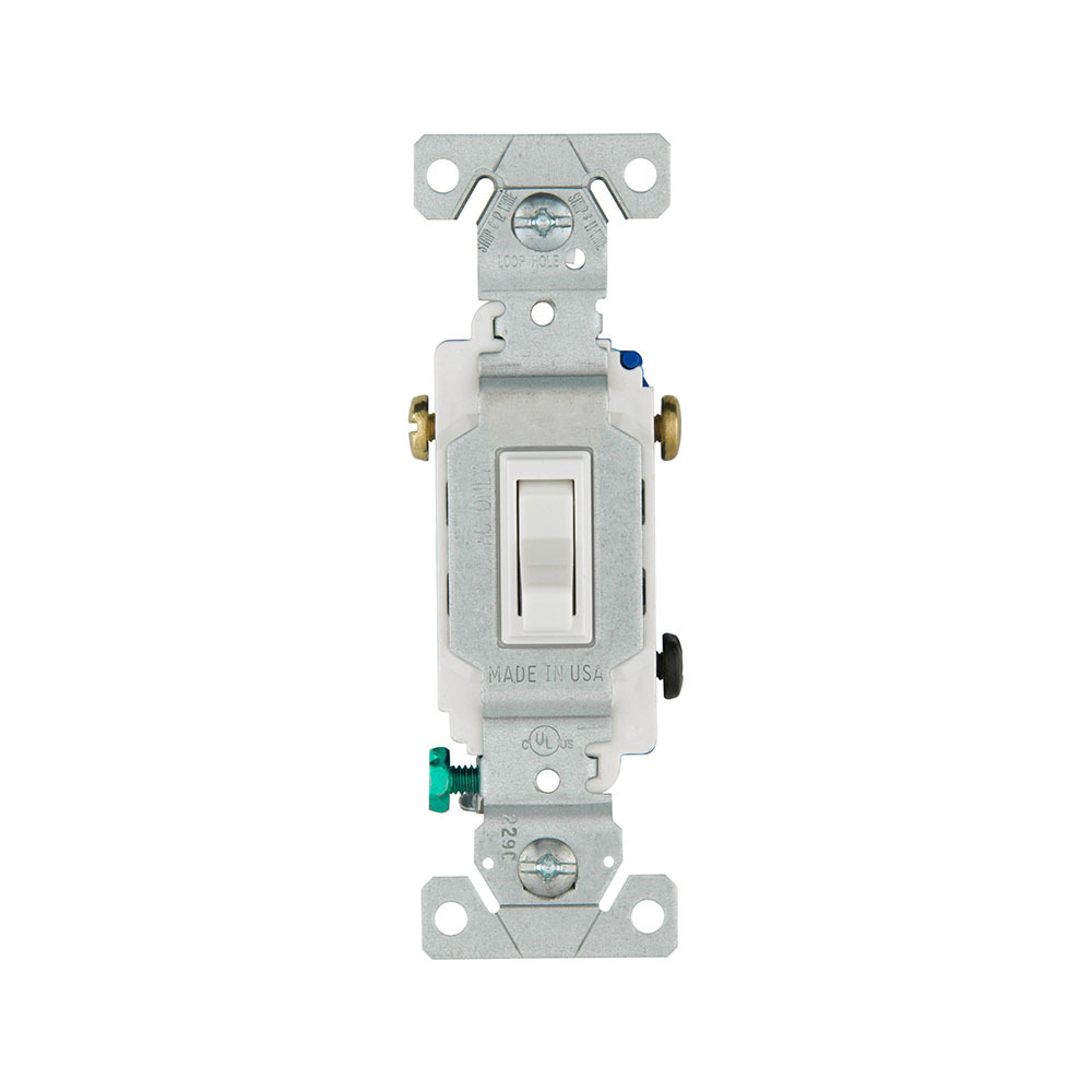 Eaton toggle switch, #14-10 AWG, 15A, Flush, 120V, Back and side wire, push wire, Screw, White, Load type: Motor Control, Fan, LED, Incandescent, ELV, MLV, CFL, Flourescent, Halogen, Single-Pole, Three-Way, Three-Way
