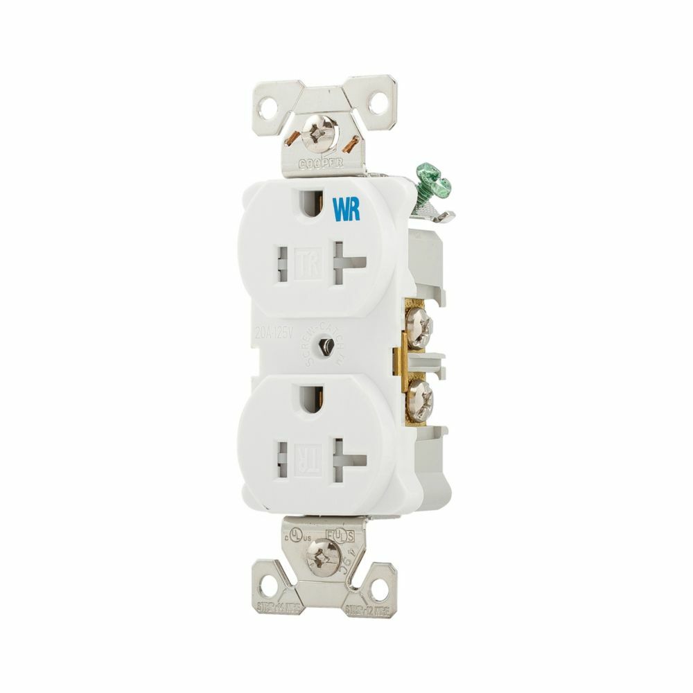 Eaton commercial specification grade duplex receptacle,#14-10 AWG,20A,Commercial,Flush,125V,Back and side,Ivory,Nickel-plated brass,Weather resistant,Impact-resistant nylon face,Glass-filled nylon base,5-20R,Duplex,Screw,Nylon,ED Box