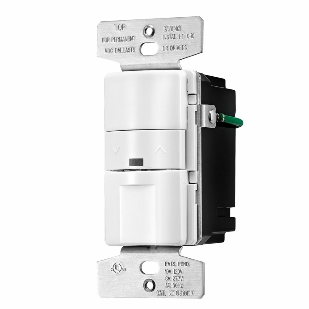 Eaton occupancy sensor and dimmer, 8/10A, Resi/com, Flush, 120/277V, 6" pre-strip wre lds, Pshpd w/hor dim/brite bar, White, 60 Hz, LED mot ind, 1-pole, 3-way, 0-40C, 1-ph, Poly, 1200/2200W, Used w/0-10 Vdc FLR/LED blst 748523