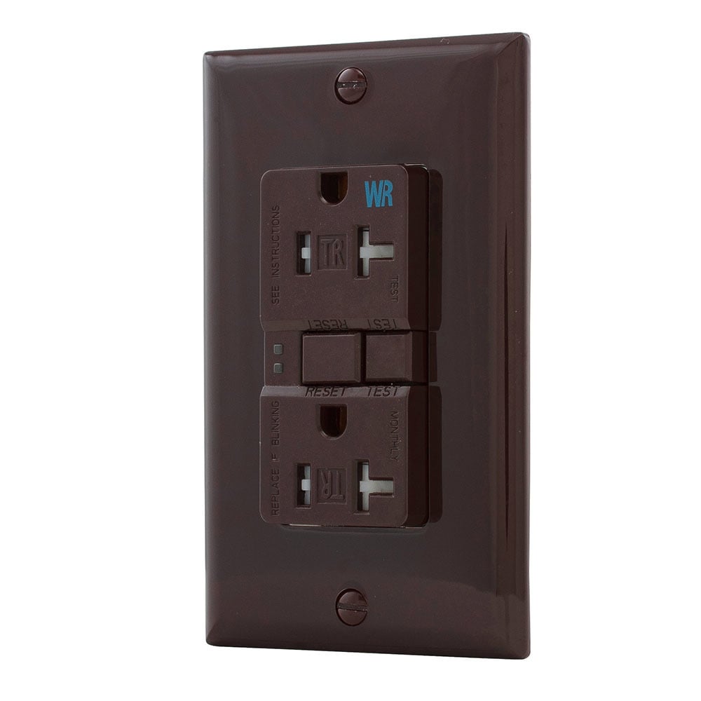 Eaton GFCI receptacle,NAFTA compliant,Weather resistant,Tamper resistant,Self-test,#14 - 10 AWG,20A,Residential,Commercial,Flush,125 V,Back and side wire,Brown,Brass,Tamper and weather resistant,Polycarbonate,5-20R,2-pole,3-wire,grounding