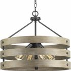 Three circular bands wrap together to create an open design in Gulliver four-light pendant. Dual toned frame color combinations of Galvanized with antique white accents. A hand painted wood grained texture complements Rustic and Modern Farmhouse home decor, as well as Urban Industrial and Coastal interior settings.