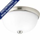 One-light flush mount with dome shaped glass, solid trim and decorative knobs and an etched glass shade.