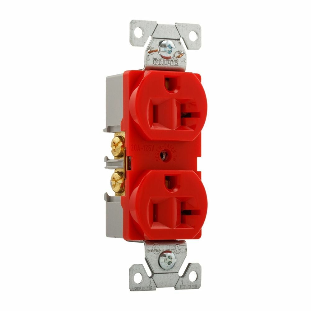 Eaton Arrow Hart heavy-duty industrial specification grade duplex receptacle, #14-10 AWG, 20A, Industrial, Flush, 125V, Back and side, Red, Brass, Nylon, 5-20R, Duplex, Screw, Glass-filled nylon