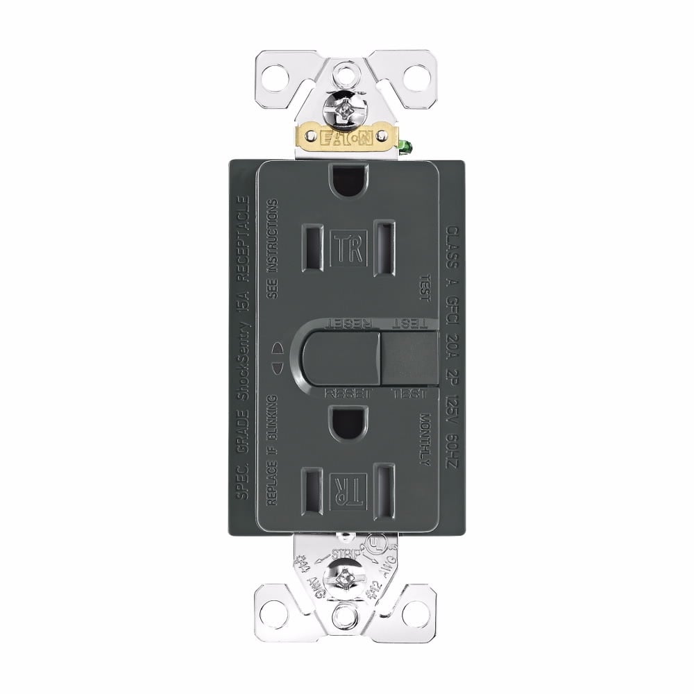 Eaton ASPIRE GFCI receptacle,ASPIRE design,Tamper resistant,Self-test,#14-10 AWG,15A,Residential,Commercial,Flush,125 V,Back and side wire,Silver granite,Brass,Tamper resistant,PVC,5-15R,Two-pole,Three-wire,Two-pole, three-wire, grounding