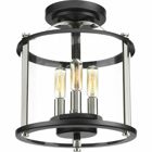 Squire three light semi-flush convertible lantern features a classic traditional profile with clean, modern metal fittings. The Black finish is accented with contrasting Stainless Steel metallic elements, the cylindrical frame is comprised of a clear glass diffuser.