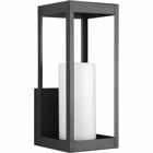 One-light large wall lantern in the Patewood Collection have a modern shadowbox housing in a sleek Black finish constructed from durable stainless steel for years of reliability. The pillar candle style diffusers provide a crisp illumination for a pleasing complement to your home?s exterior.