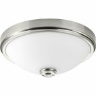 One-light 15 inch LED Flush Mount in Brushed Nickel features a white linen glass bowl. Fixtures are dimmable to 10 percent with Triac, phase forward or ELV dimmers. 3000K and 90 CRI.