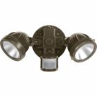 The two-light Security light with motion sensor is ideal for residential and commercial applications. Each tempered glass head has over 1,000 lumens and is adjustable. The motion sensor has 180 degree coverage, center focus range to 72 feet, Time On, Sensitivity and Distance adjustment with Night/Day or night operation. This fixture saves energy and maintenance over traditional lighting sources. Antique Bronze finish.