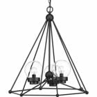 Spatial showcases a modern form that complements Urban Industrial and Bohemian styles. Overscaled geometric frames feature designs inspired by metal trusses and the art of engineering. A Matte Black finish is highlighted by clear globe shades. The three-light chandelier is ideal for dining rooms, kitchens and bedrooms.
