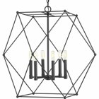 Spatial showcases a modern form that complements Urban Industrial and Bohemian styles. Overscaled geometric frames feature designs inspired by metal trusses and the art of engineering. A Matte Black finish is highlighted by  open candles. The six-light pendant is ideal for foyers and entryways.